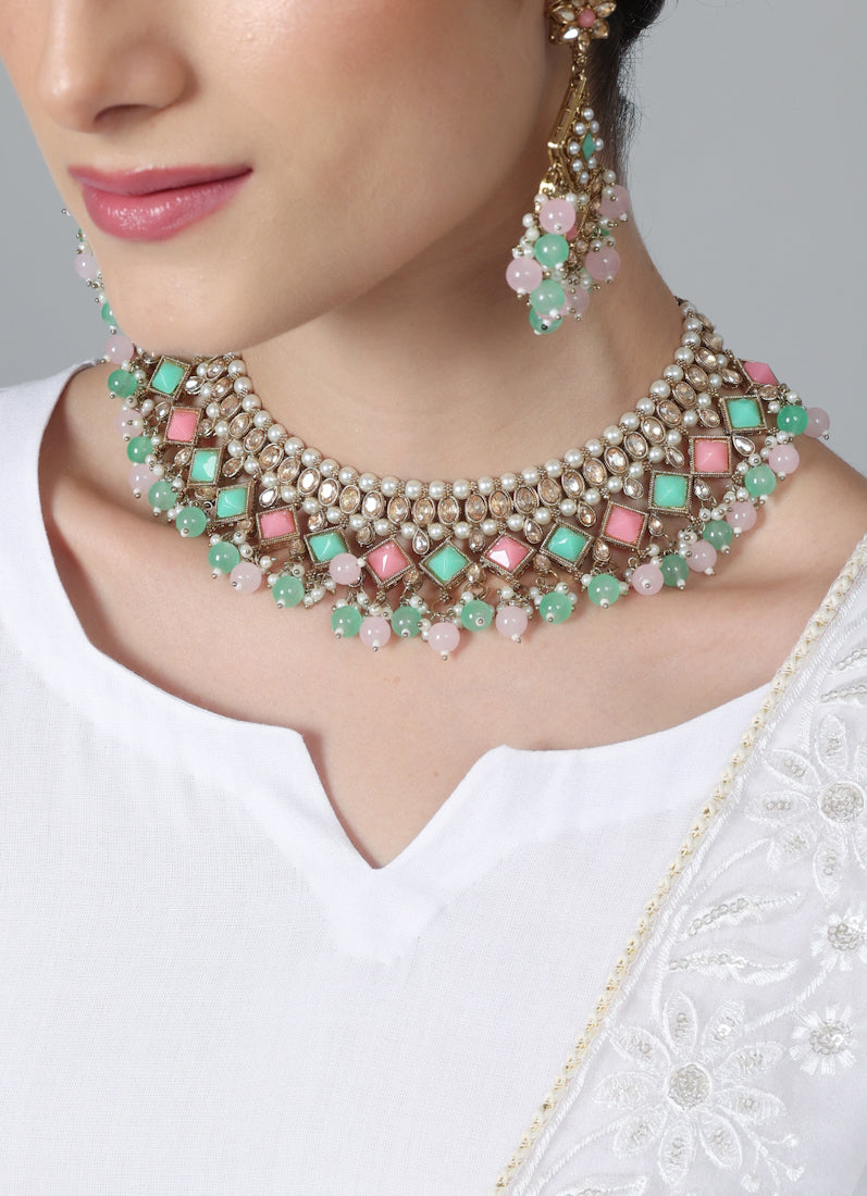 Women’s Antique Gold Pink & Sea Green Beaded Stone Necklace Set