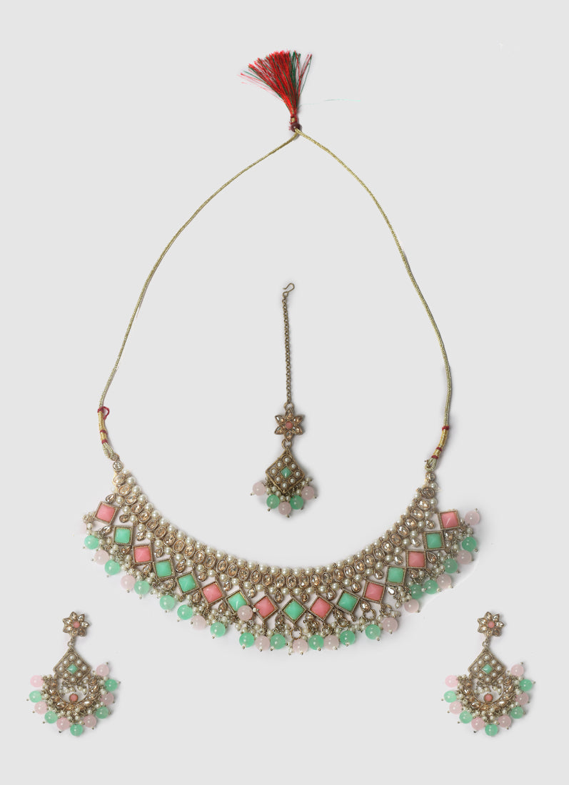 Women’s Antique Gold Pink & Sea Green Beaded Stone Necklace Set