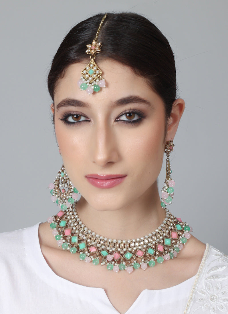 Women’s Antique Gold Pink & Sea Green Beaded Stone Necklace Set