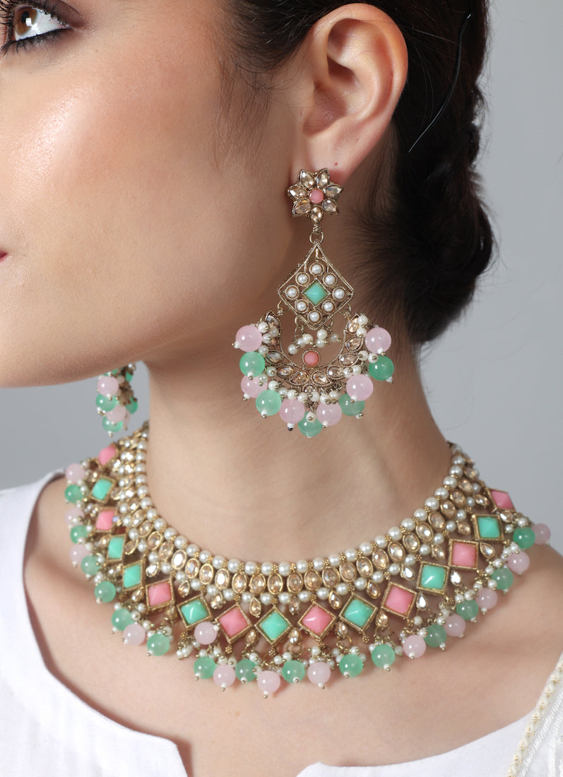 Women’s Antique Gold Pink & Sea Green Beaded Stone Necklace Set