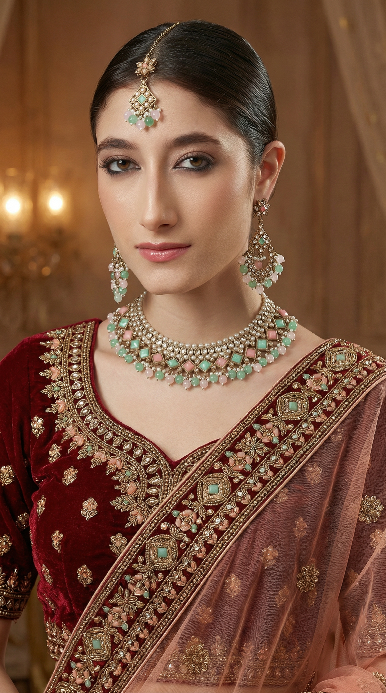 Women’s Antique Gold Pink & Sea Green Beaded Stone Necklace Set