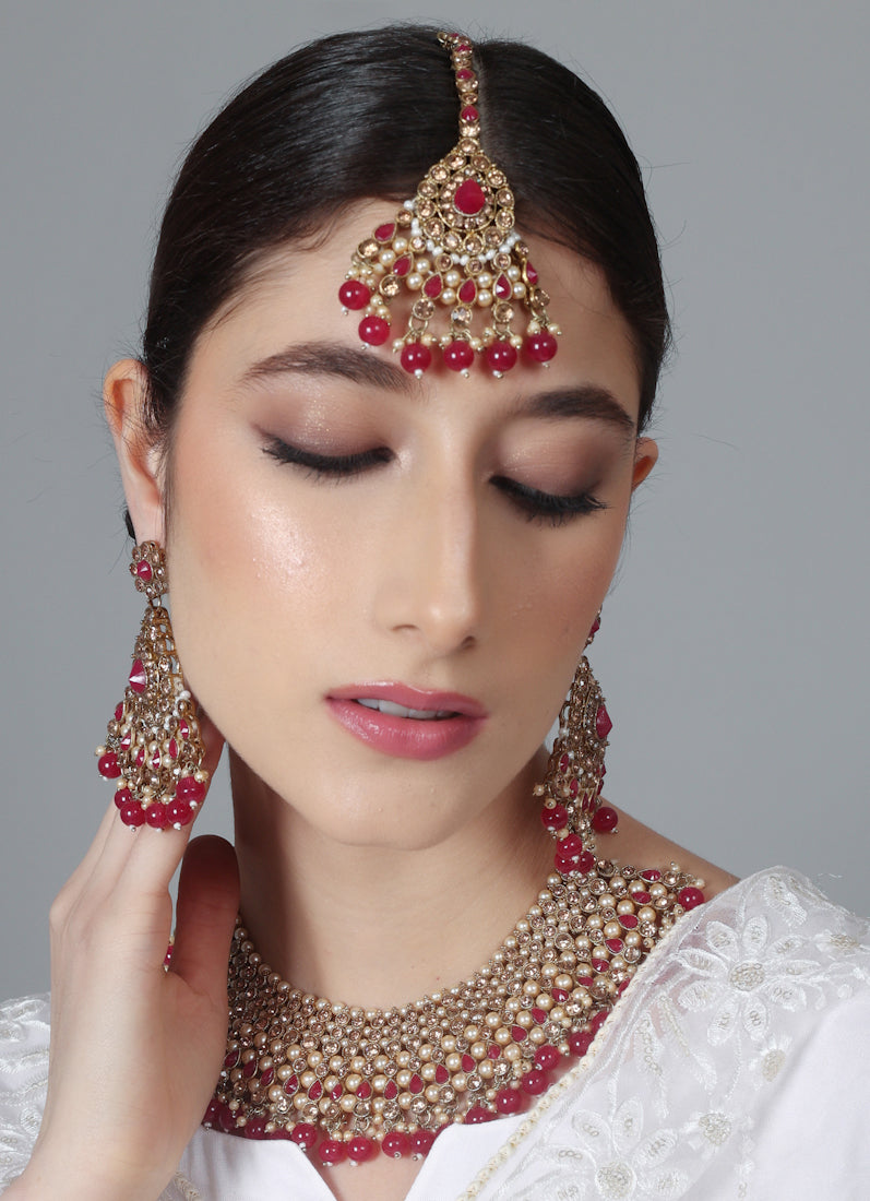 Womens Ruby Drop, Pearls & Antique Gold Wide Jewellery Set