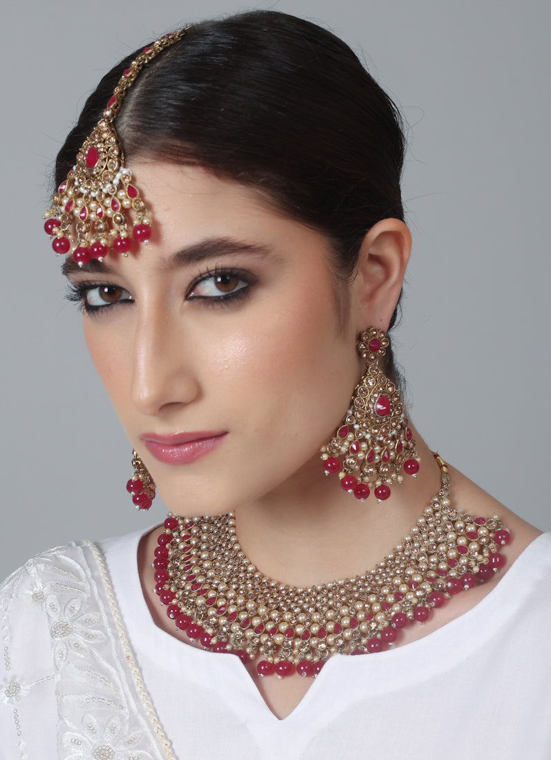 Womens Ruby Drop, Pearls & Antique Gold Wide Jewellery Set