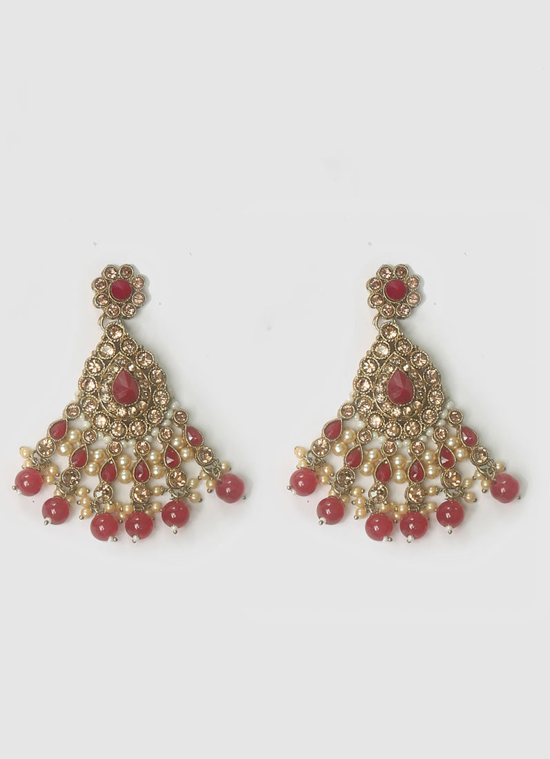 Womens Ruby Drop, Pearls & Antique Gold Wide Jewellery Set
