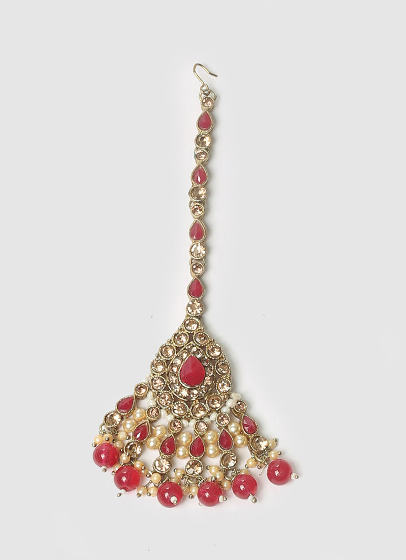 Womens Ruby Drop, Pearls & Antique Gold Wide Jewellery Set
