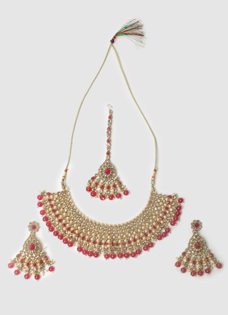 Womens Ruby Drop, Pearls & Antique Gold Wide Jewellery Set