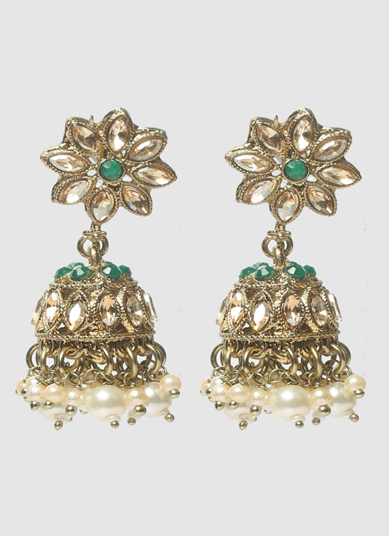 Womens Green Beads & Pearl Drops Jewellery Set