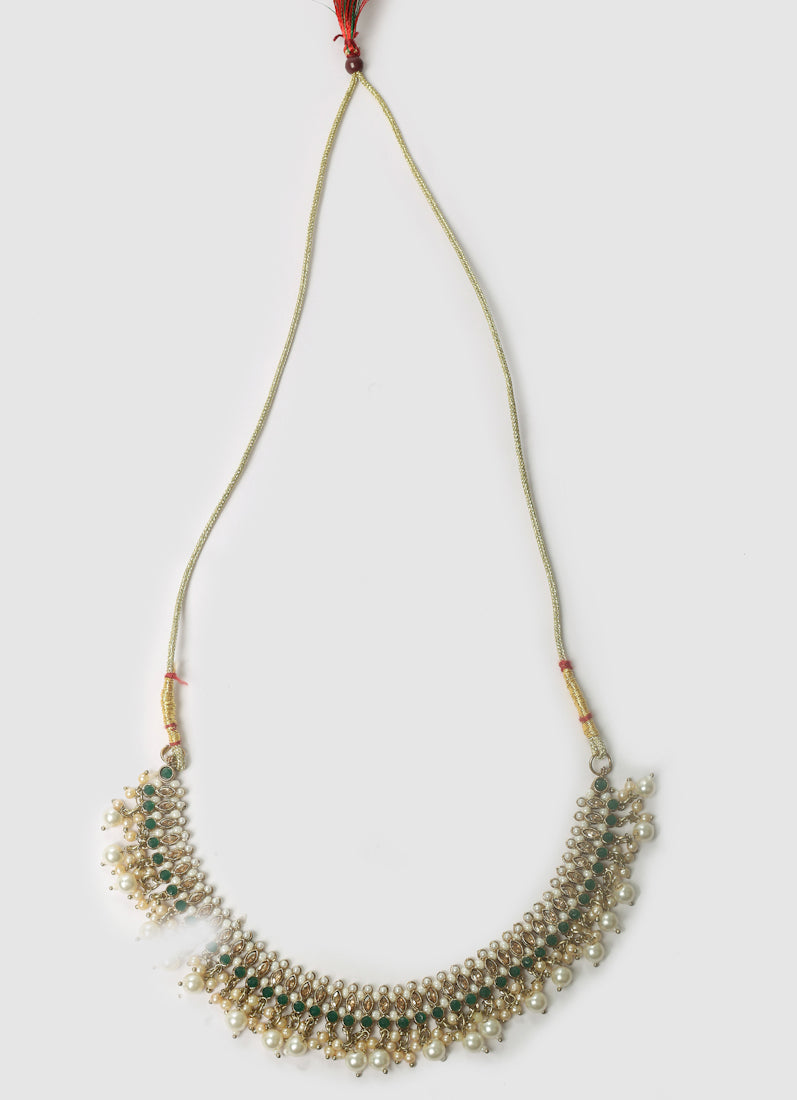 Womens Green Beads & Pearl Drops Jewellery Set