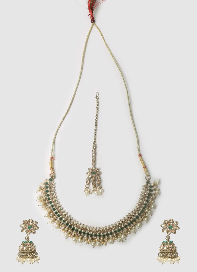 Women's Green Multilayer Diamante, Beads & Pearl Jewelry Set