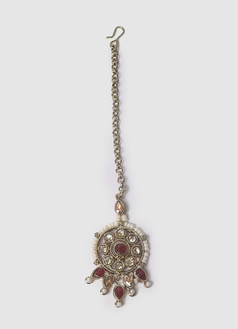 Women’s Maroon and Pearl Antique Gold Jewelry Set