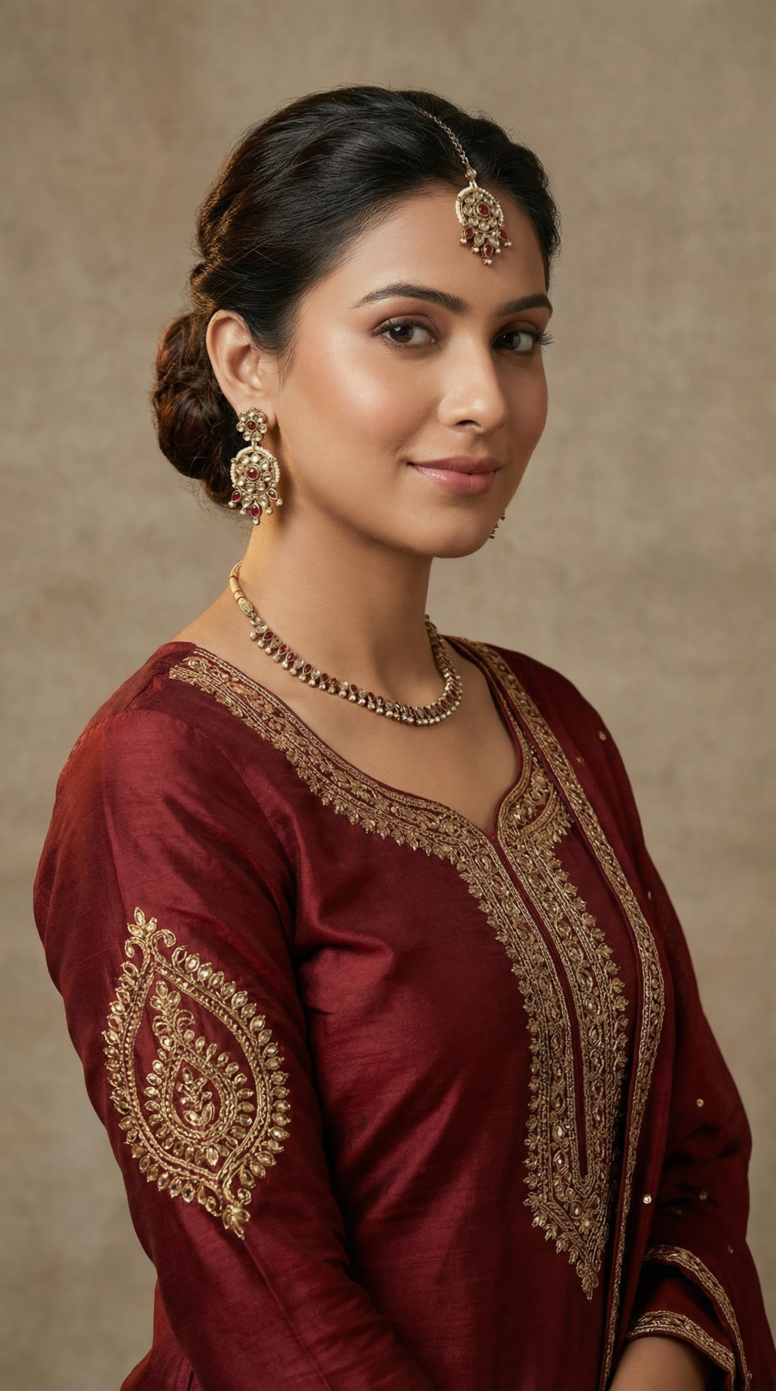 Women’s Maroon and Pearl Antique Gold Jewelry Set