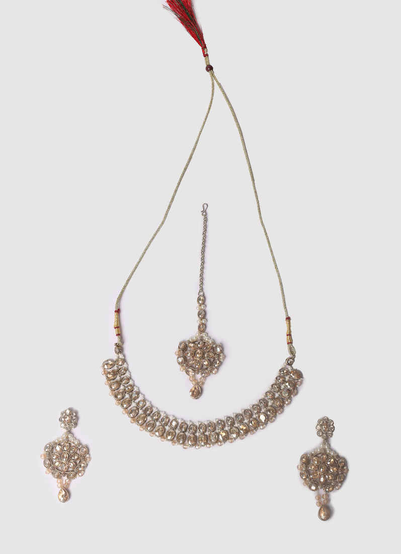 Womens Gold Pearl & Stonework Jewellery Set