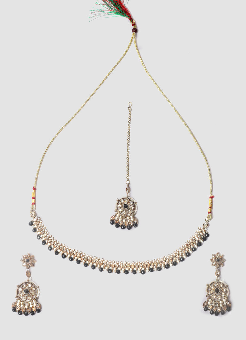Womens Black Beads Embellished Jewellery Set