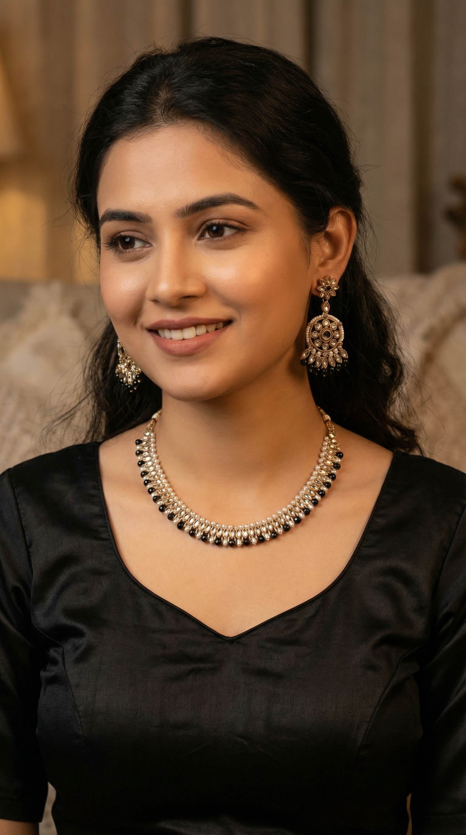 Women’s Antique Gold Necklace Set with Black Beads