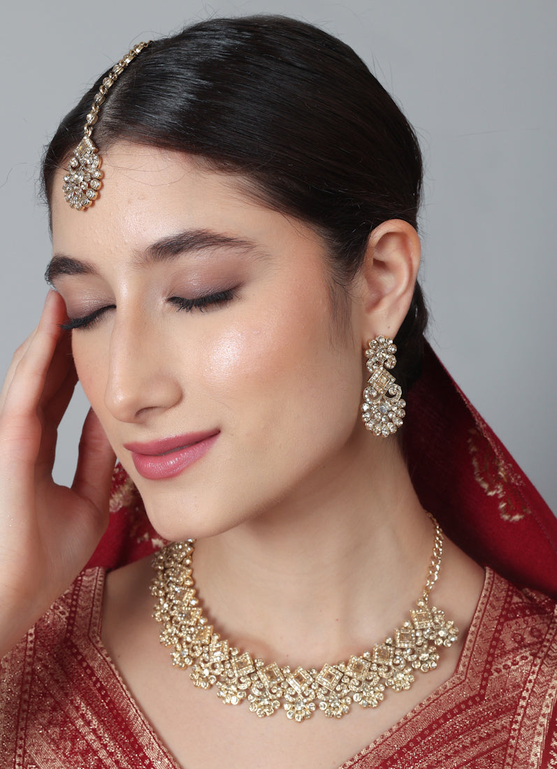 Womens Gold Stonework Floral Design Jewellery Set