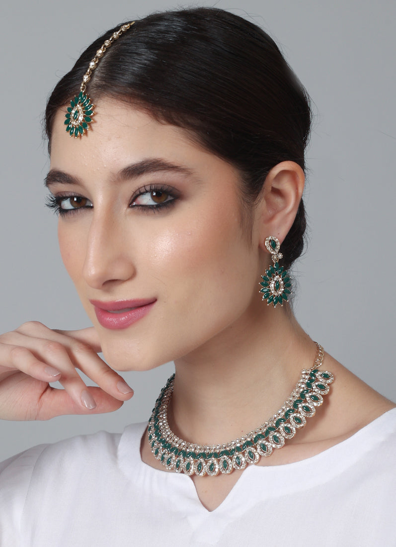 Womens Green & Antique Gold Stones Jewellery Set