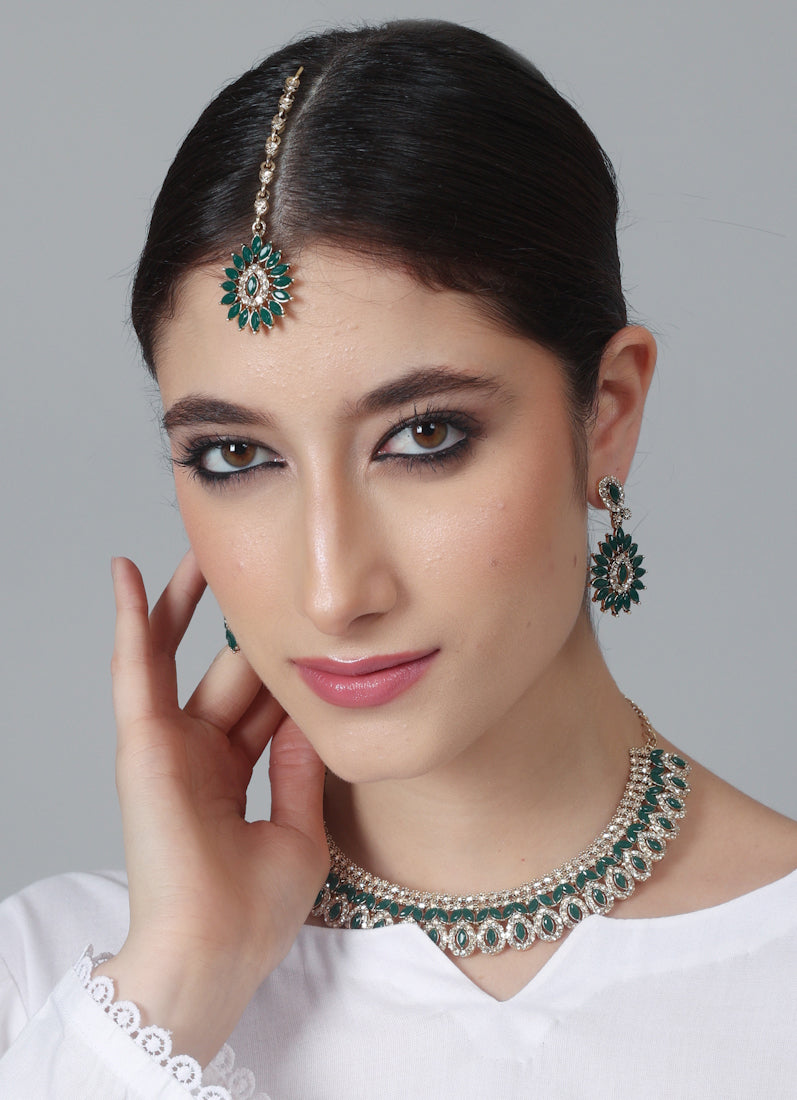 Womens Green & Antique Gold Stones Jewellery Set