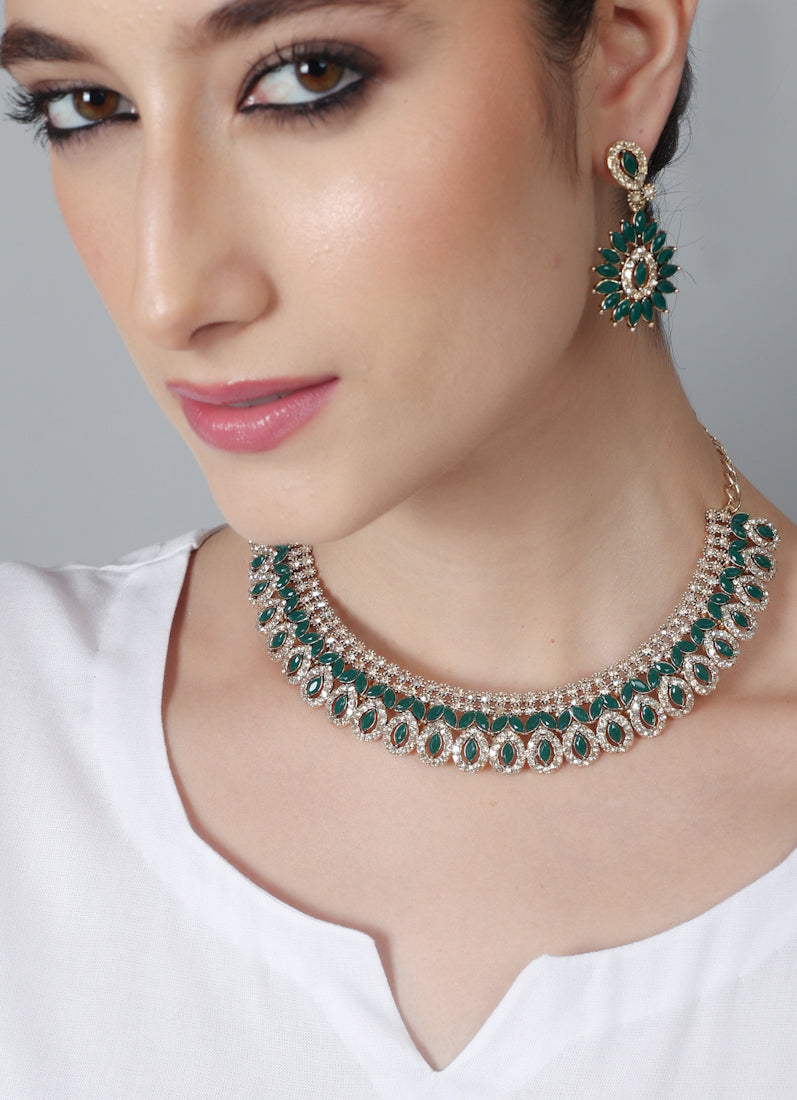 Womens Green & Antique Gold Stones Jewellery Set