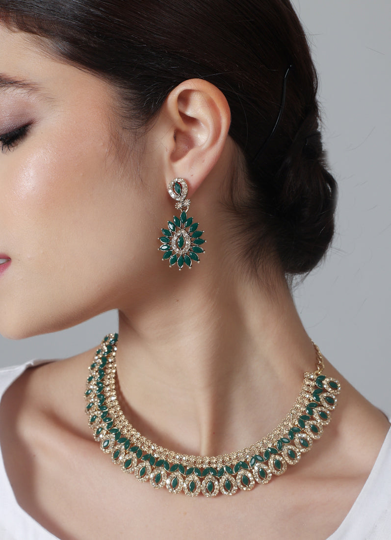 Womens Green & Antique Gold Stones Jewellery Set