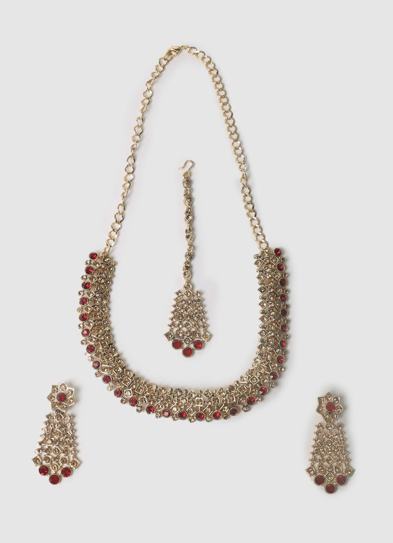 Womens Maroon Beads & Stones Jewellery Set