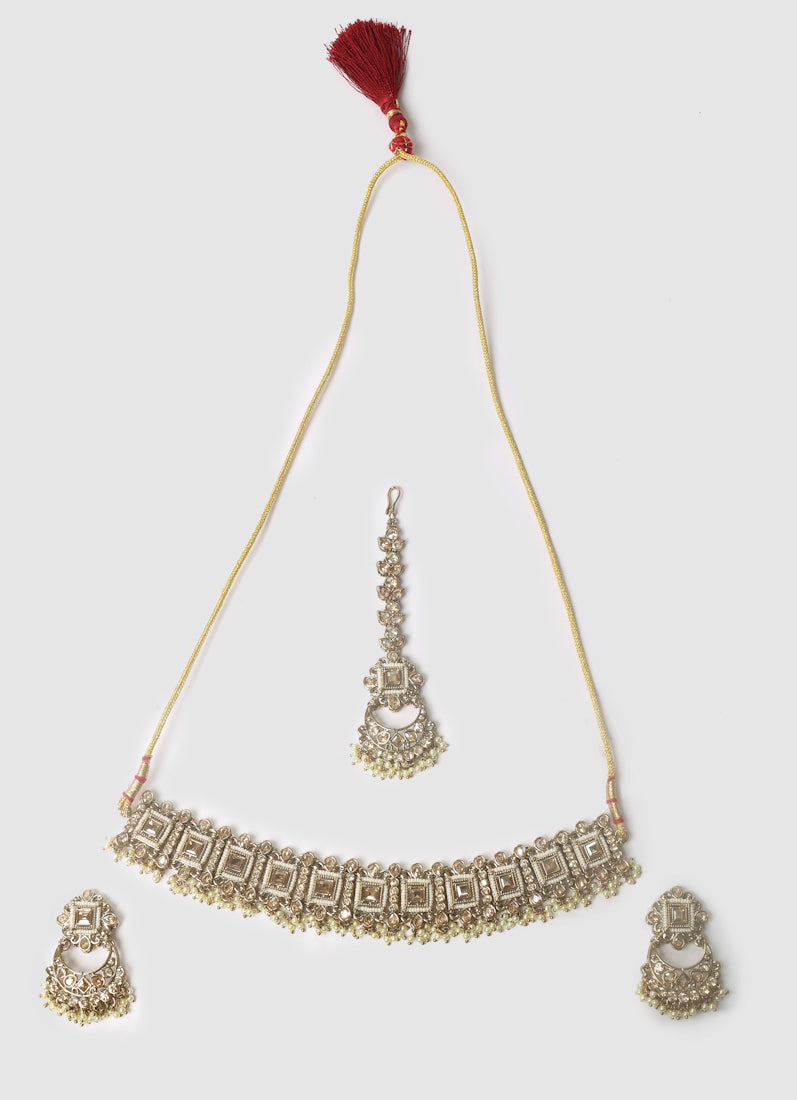 Antique Gold Pearl & Topaz Stone Choker Necklace Set