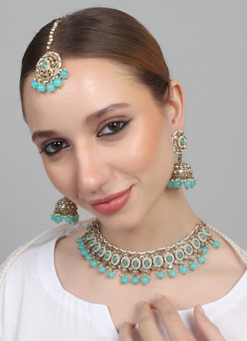 Womens Light Blue Beads & Stones Jewellery Set
