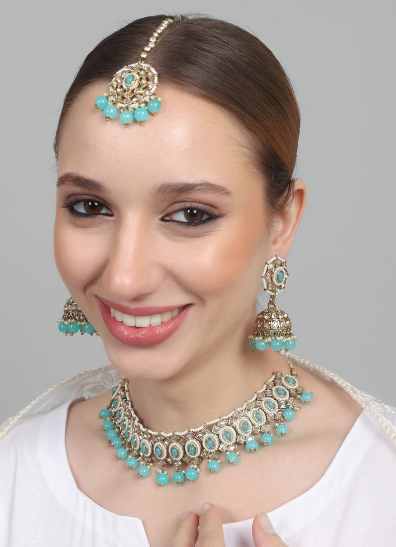 Womens Light Blue Beads & Stones Jewellery Set