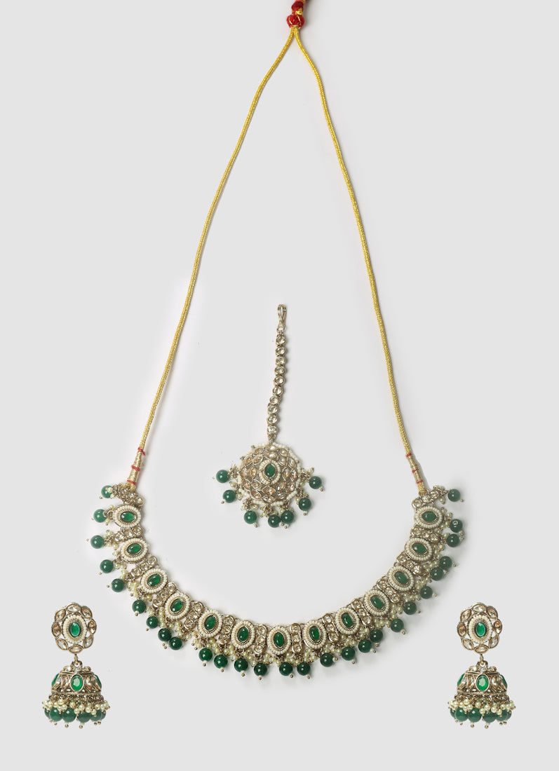 Women’s Dark Green Stone & Pearl Drop Jewellery Set