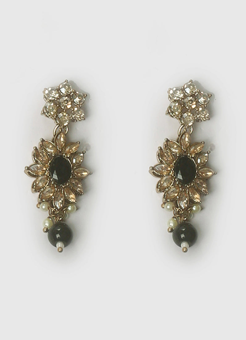 Womens Black Stone & Drops Floral Design Jewellery Set