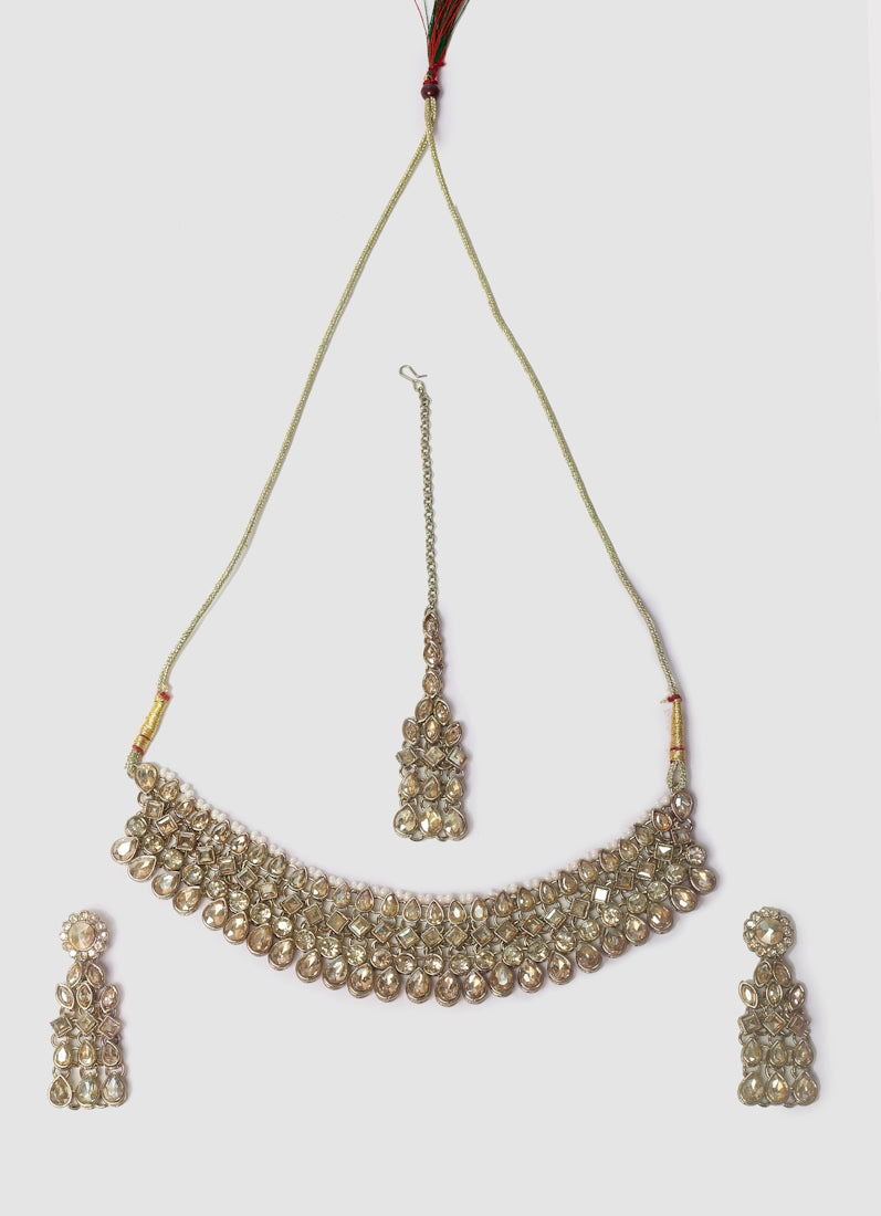 Womens Antique Gold Drop Stone Work Jewellery Set