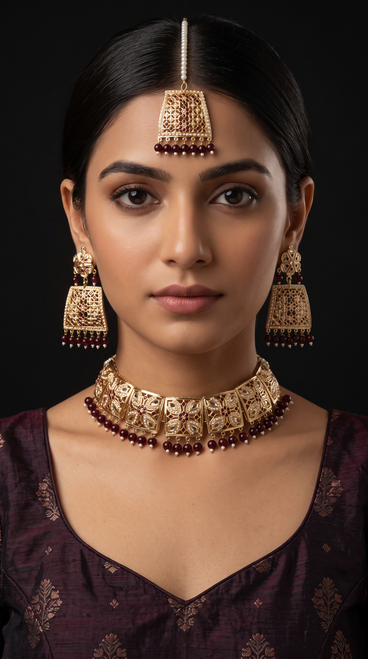Gold Maroon Jadau Necklace Set with Maang Tikka