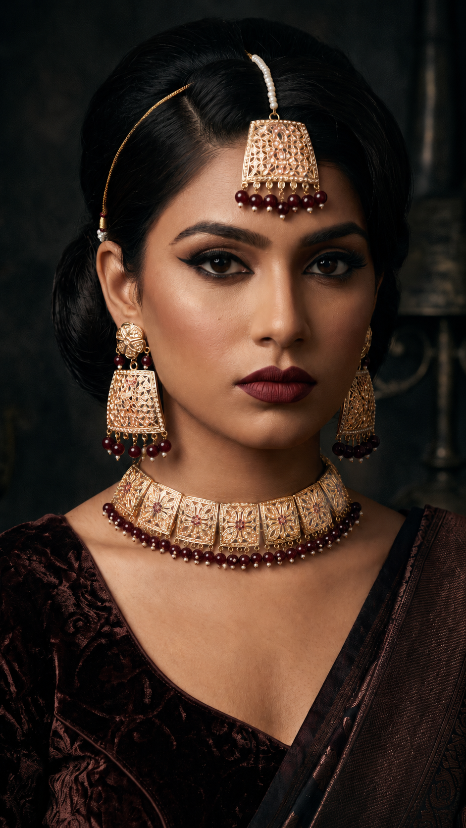 A woman wearing ornate traditional Indian jewelry, including a gold-toned choker necklace, matching drop earrings, and a maang tikka, paired with a dark brown velvet saree.