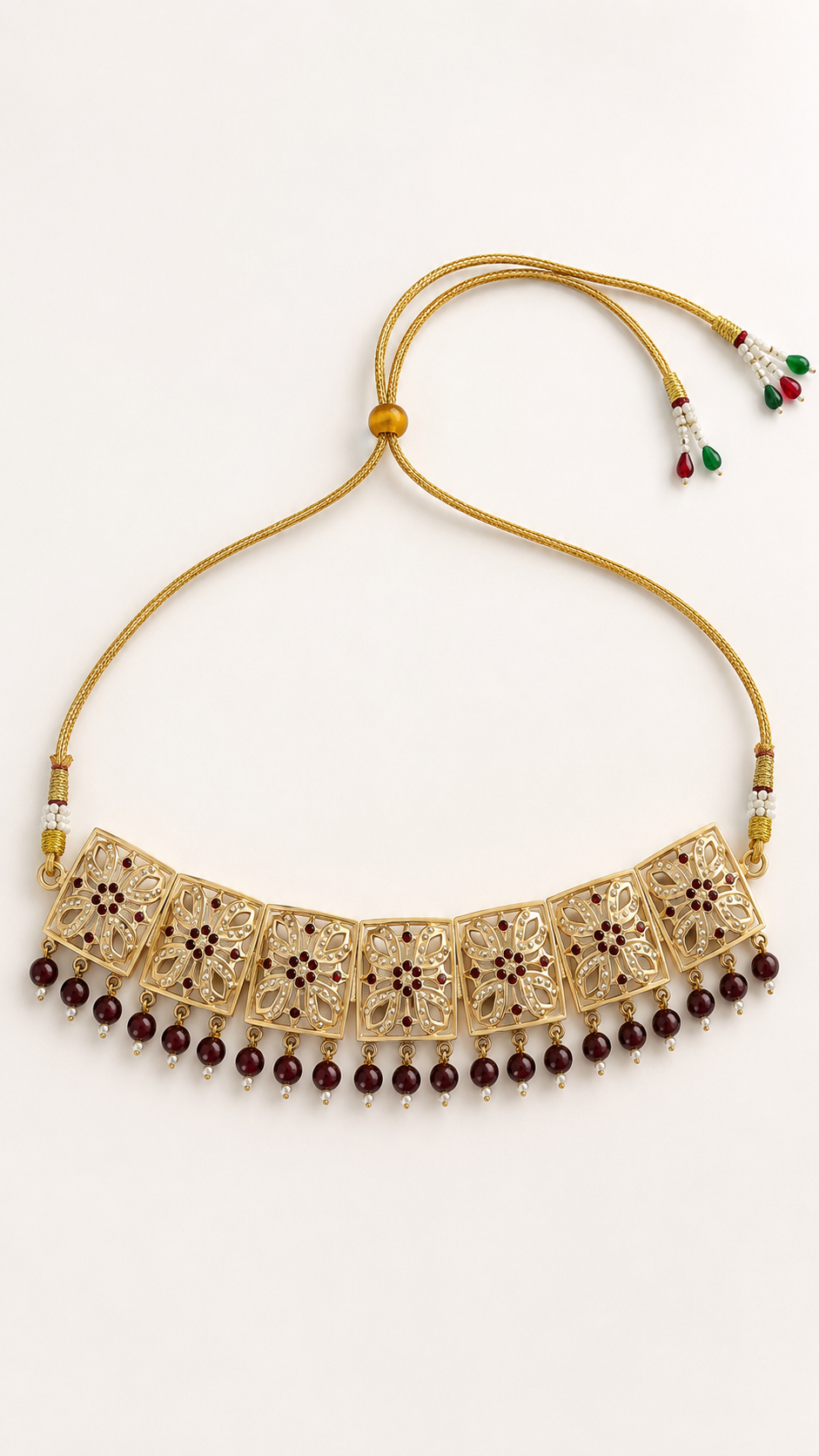 Gold-toned traditional judua necklace with ornate filigree panels, dark red bead fringe, and adjustable cord.