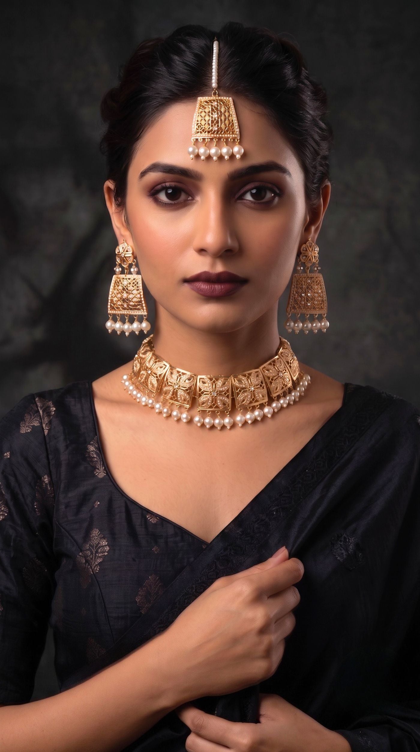 Gold Pearl Jadau necklace set with matching statement earrings and maang tikka featuring intricate filigree work and Pearl bead detailing