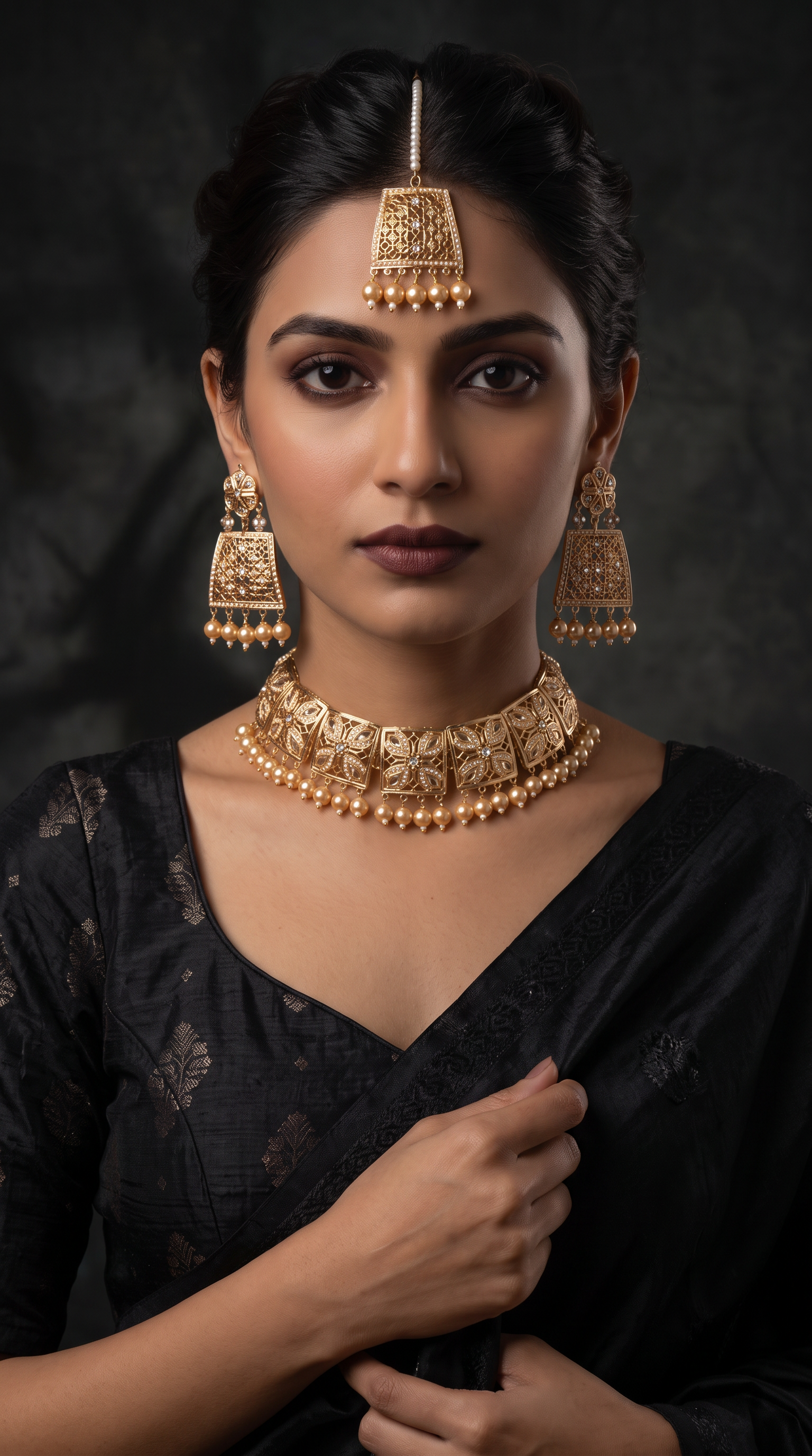 Gold Jadau necklace set with matching statement earrings and maang tikka featuring intricate filigree work and bead detailing