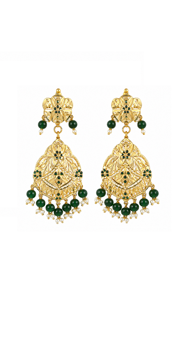 A pair of gold-plated Indian Jadau earrings decorated with green stone inlays and dangling green beads.