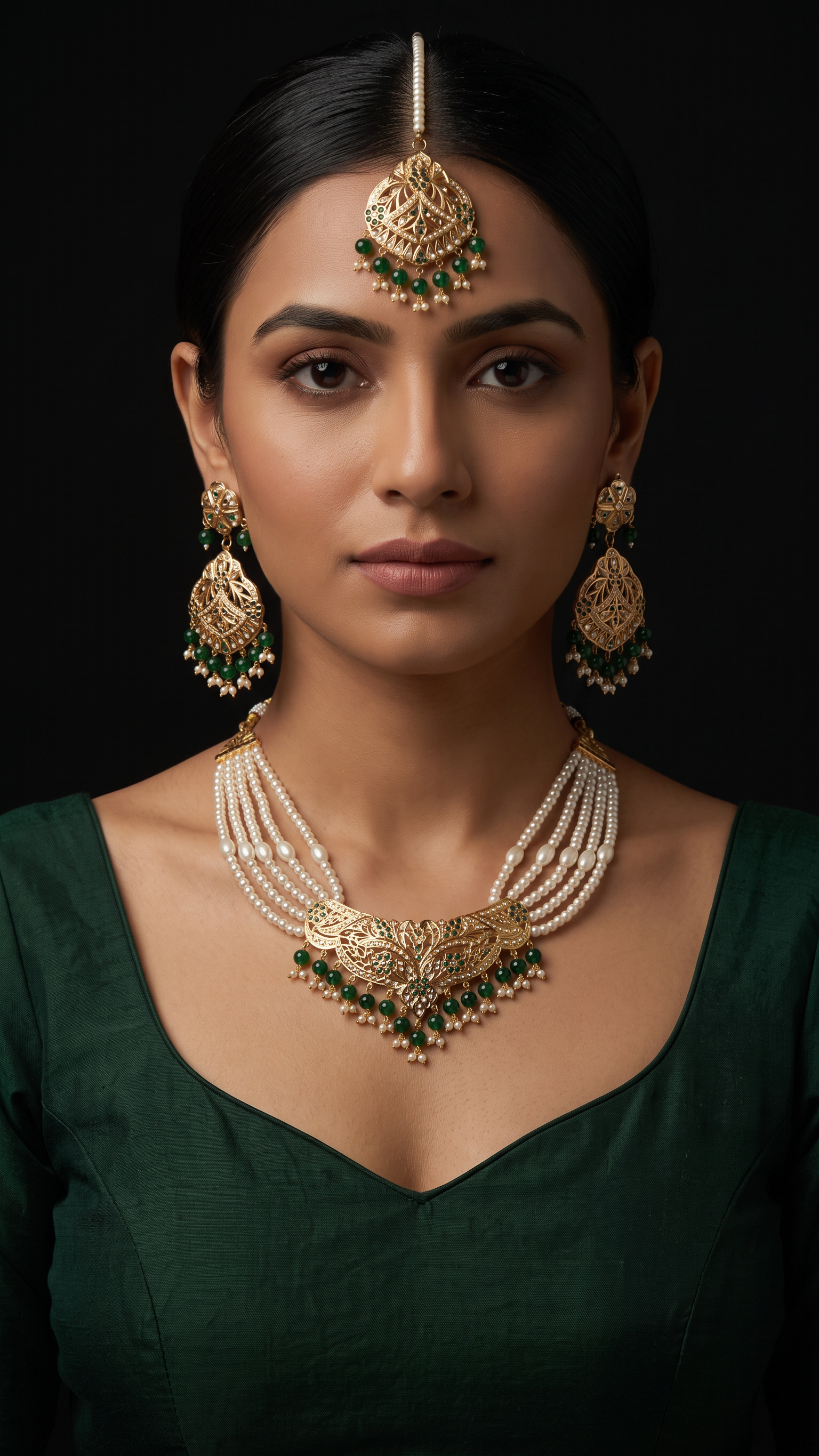 Traditional Judau jewelry, including a gold and green necklace, matching earrings, a maang tikka.