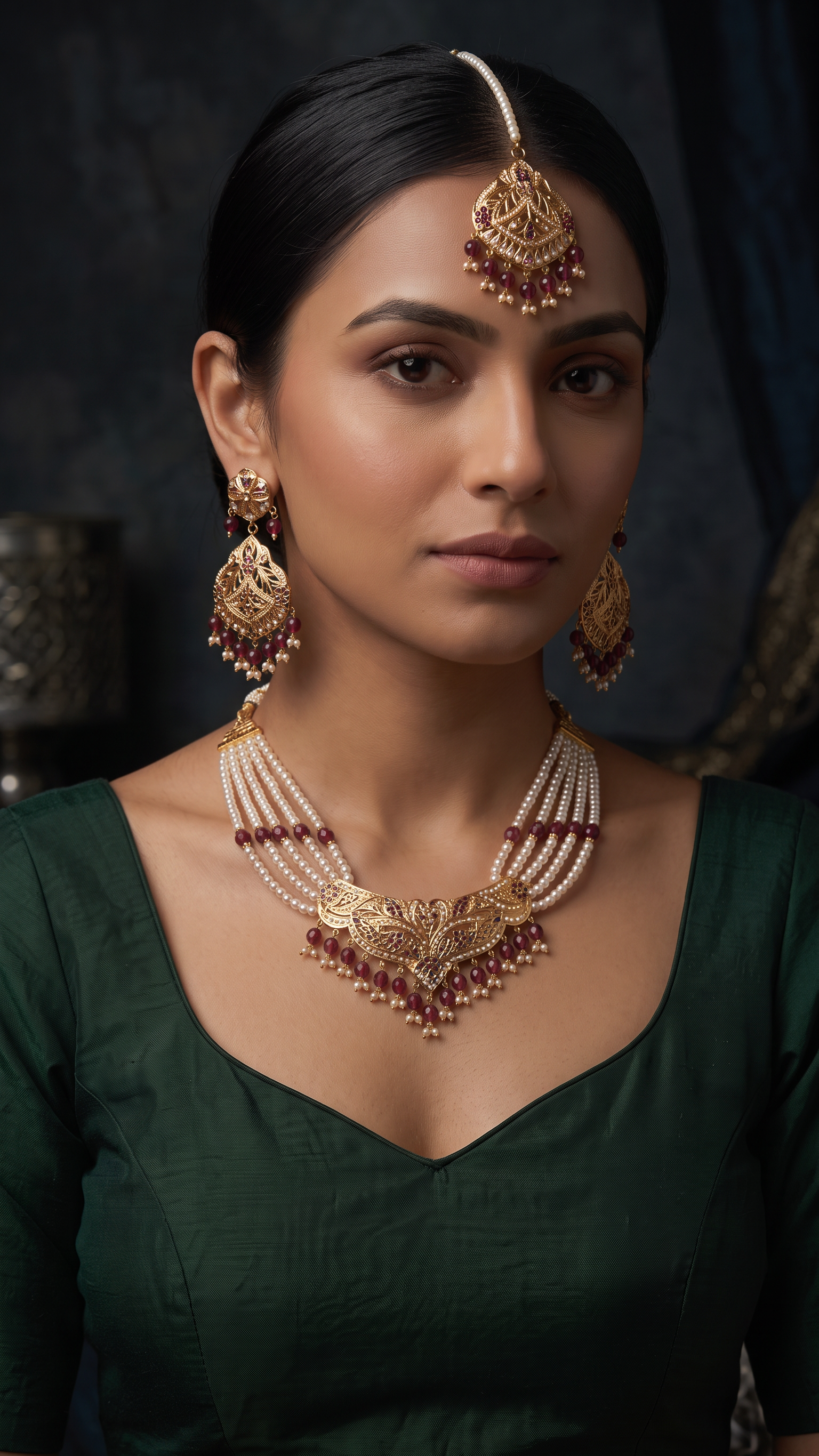 Traditional Indian Jadau jewelry, including a gold maang tikka, matching drop earrings, and a pearl-and-gold statement necklace.