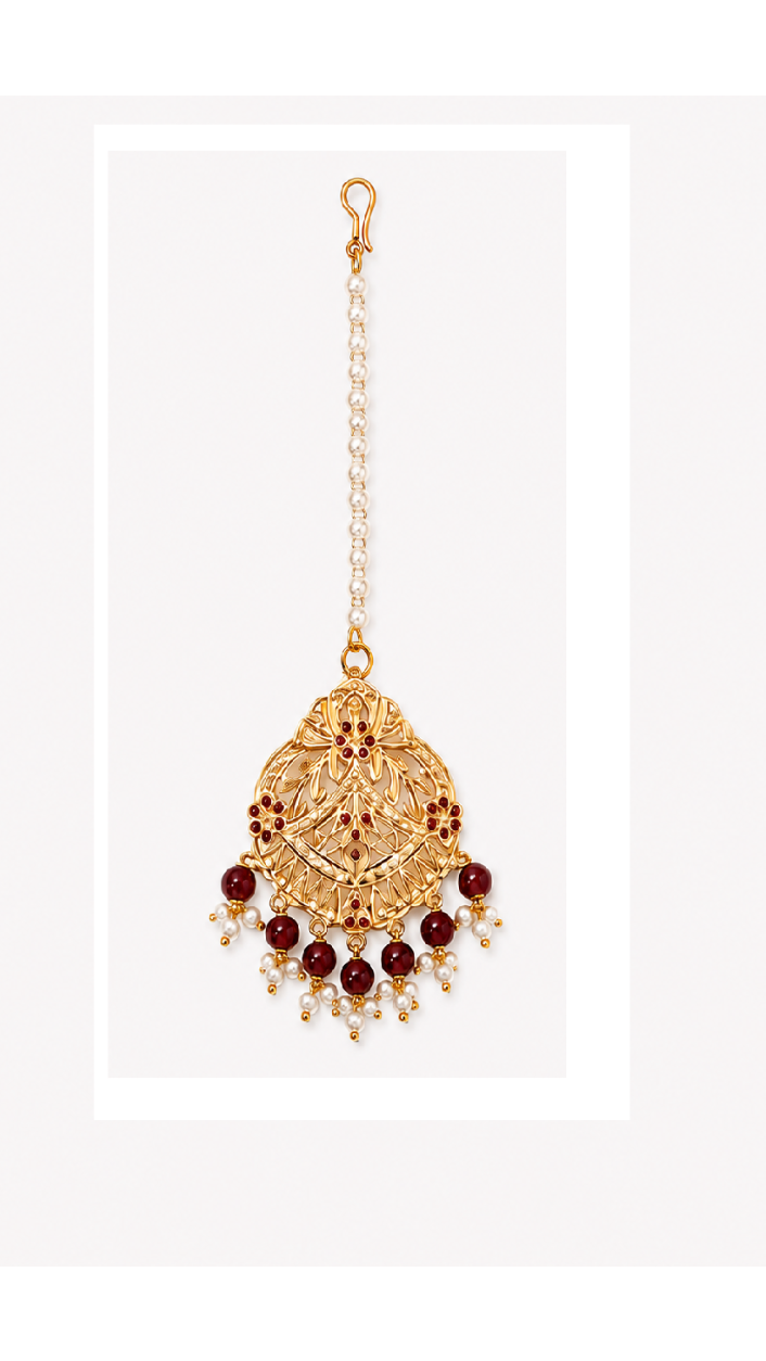 Gold Jadau Tikka with Maroon Beads