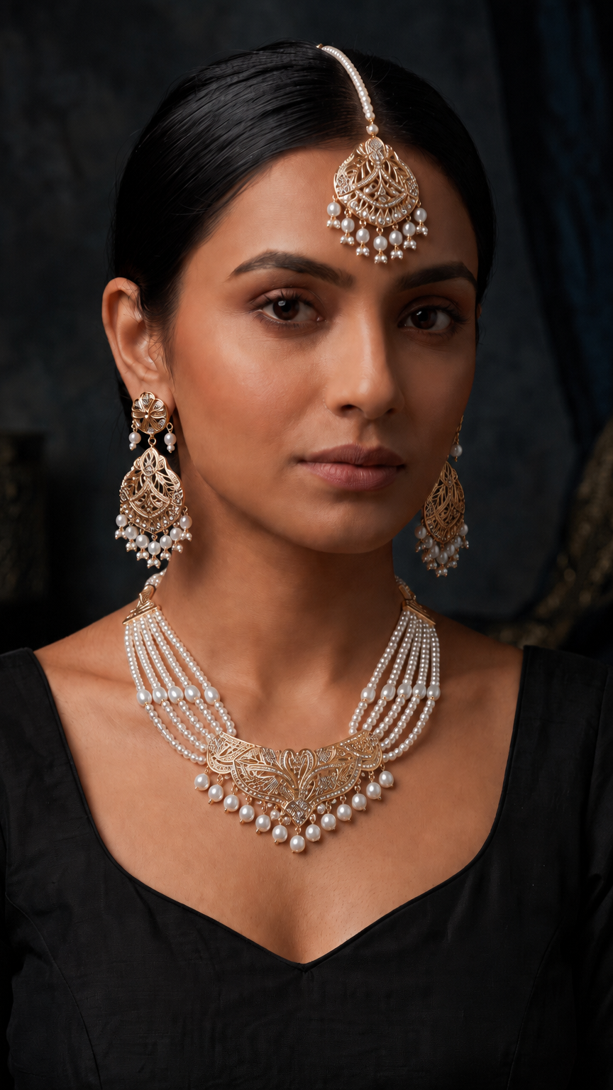 Gold and pearl traditional Jadau jewelry set, including a maang tikka, earrings, and a multi-strand necklace.