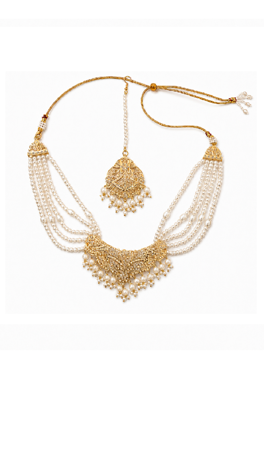 A traditional Jadau gold and pearl necklace set with a matching pendant, featuring multiple strands of white pearls and intricate gold filigree detailing.