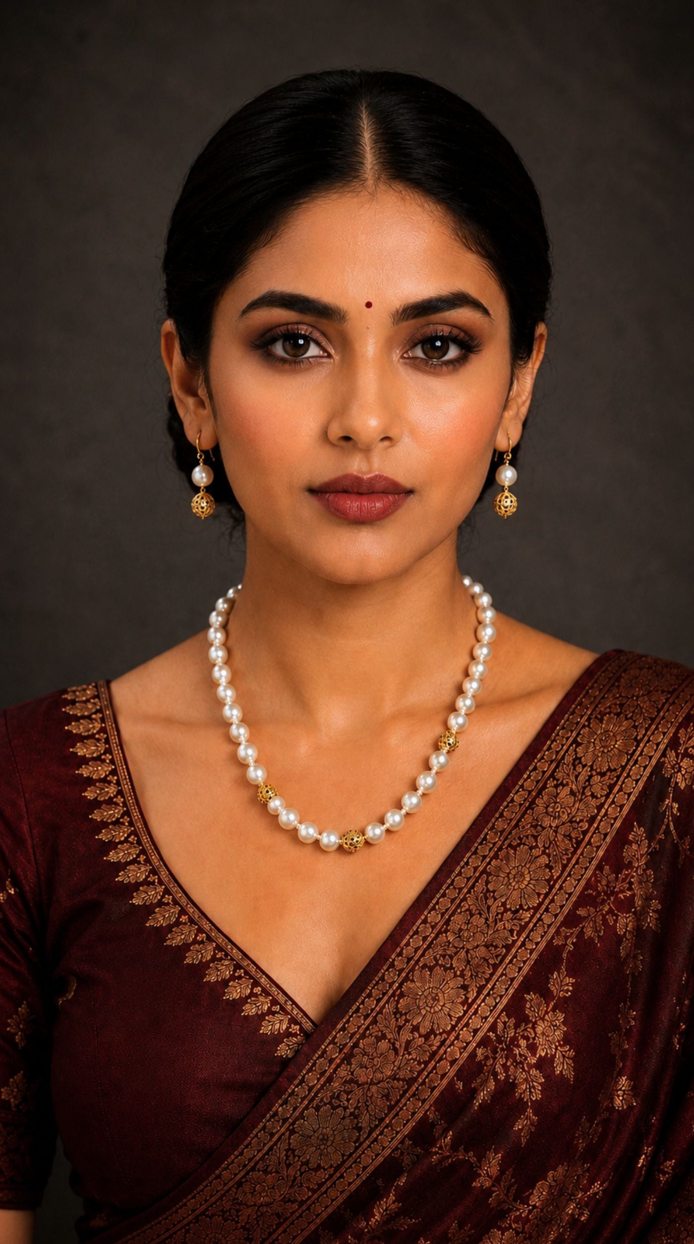 Classic gold pearl necklace set with lustrous round pearls, gold filigree accent beads, and matching pearl drop earrings – Diya Online