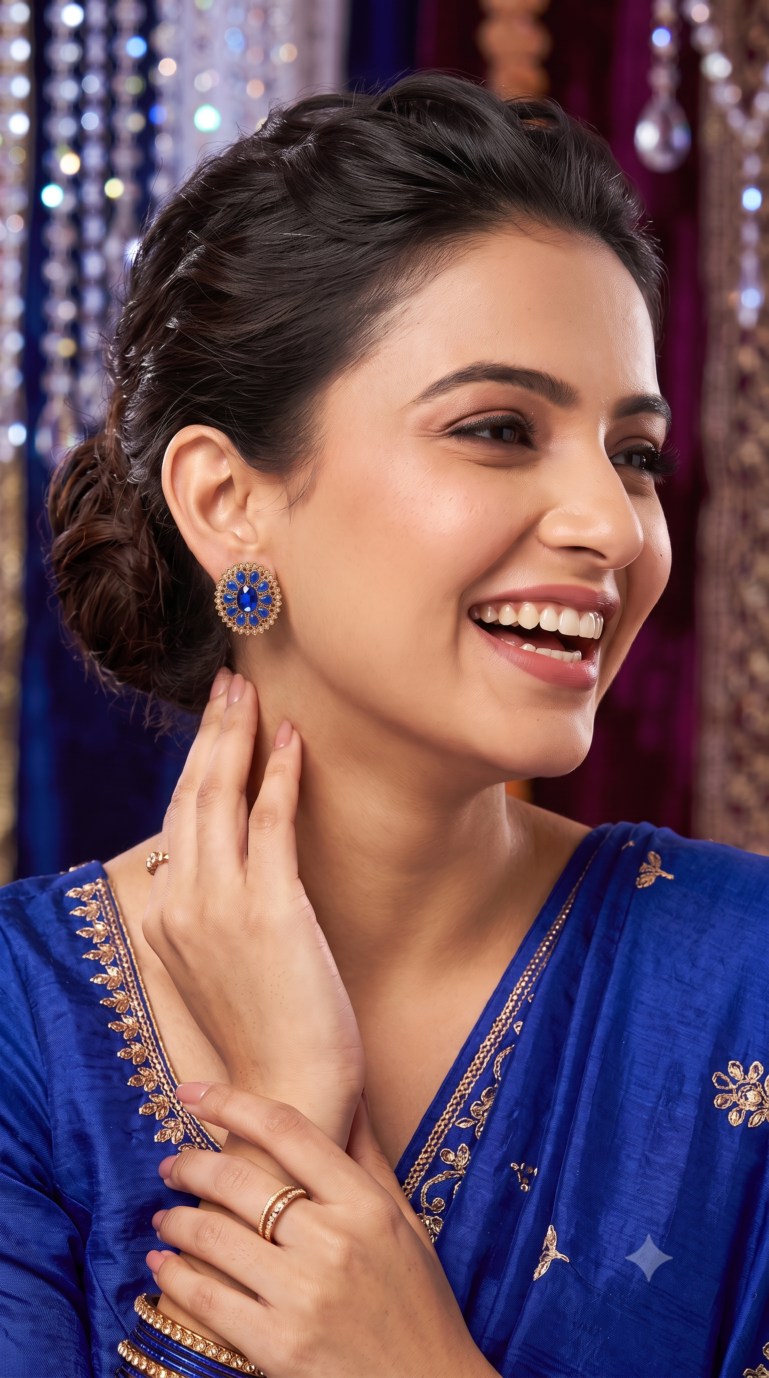 Model wearing royal blue crystal stellar earrings with elegant oval design