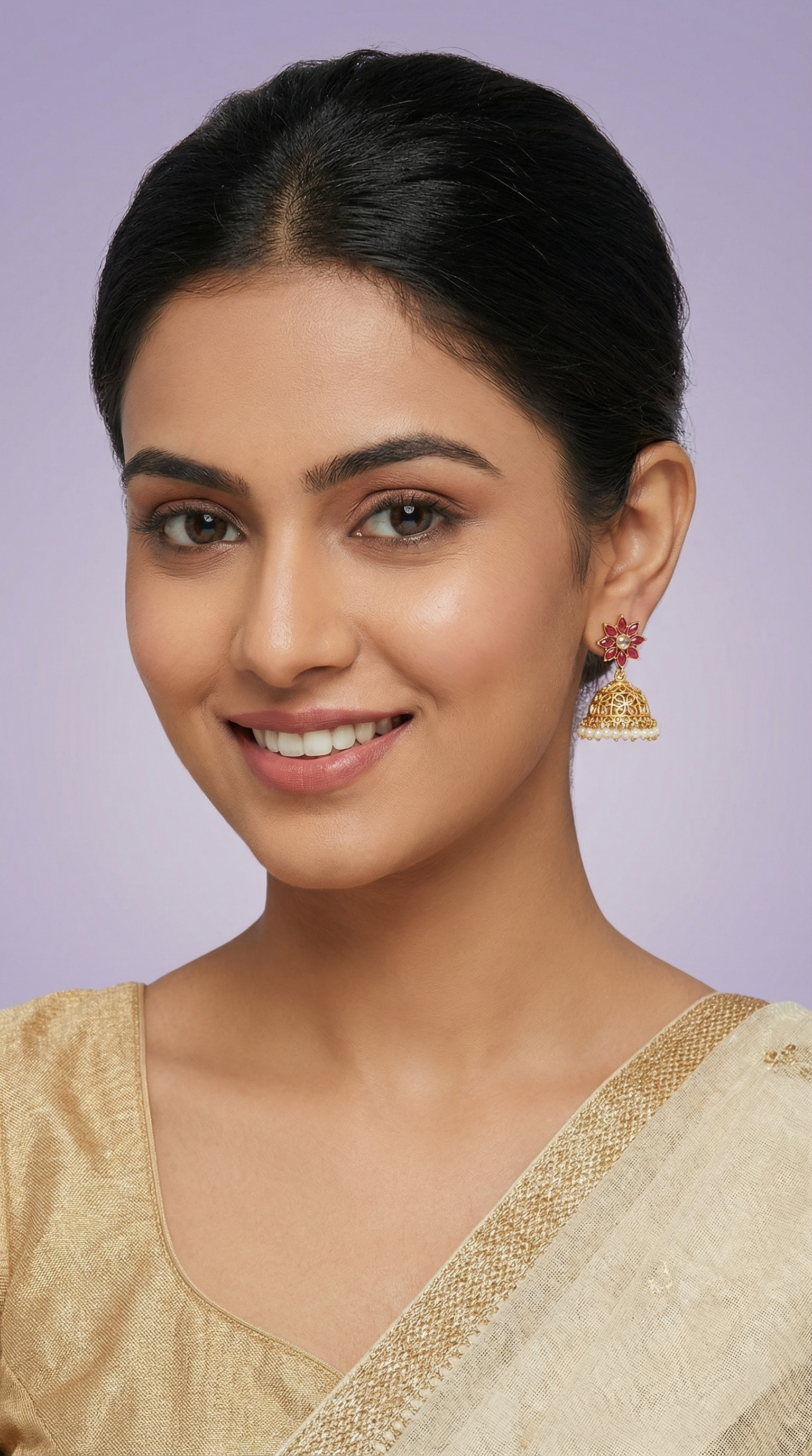 Gold Plated Brass Jumki Earrings with Semi-Precious Ruby Polki and Pearls