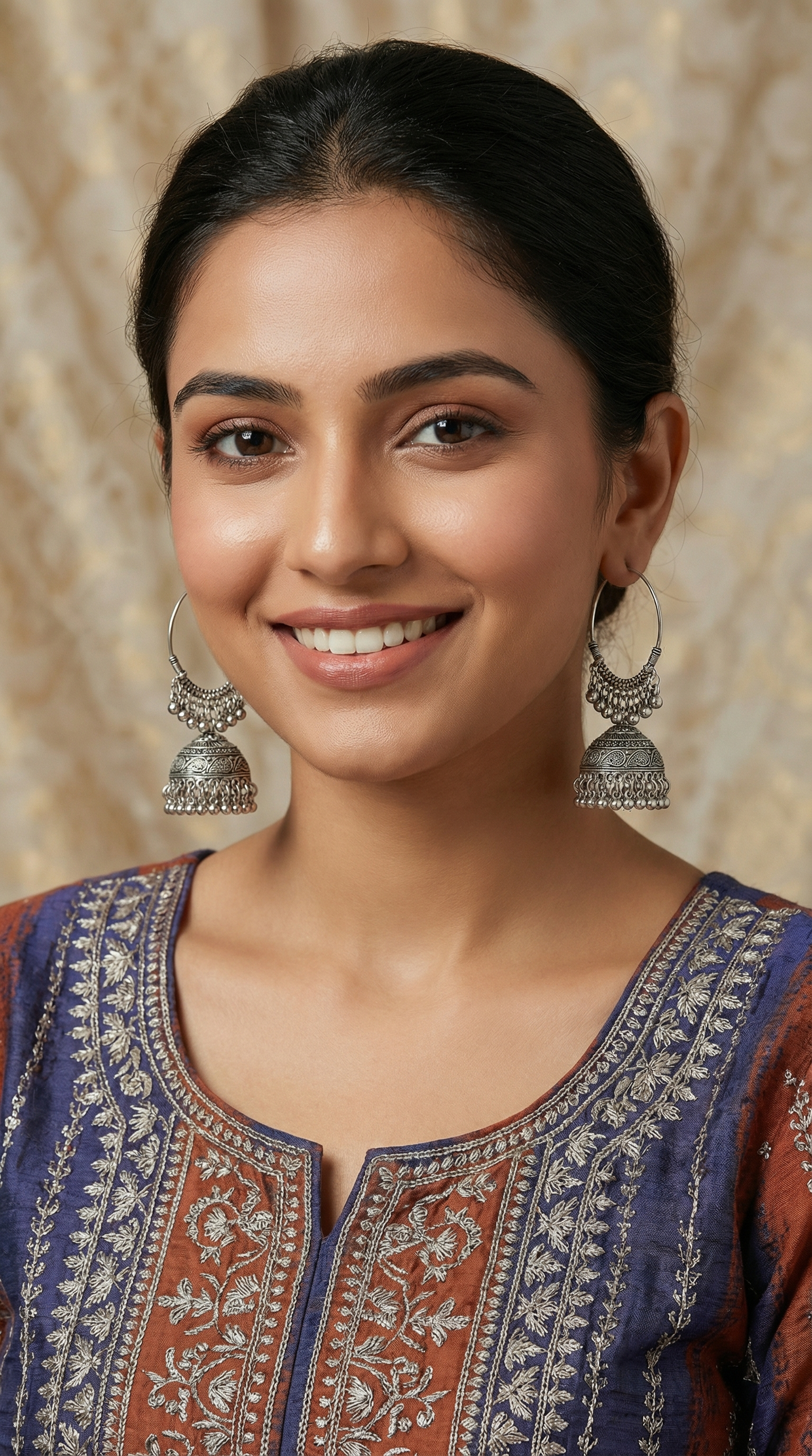 Silver Oxidised Bali Hoop Earrings with Traditional Jhumka Drop