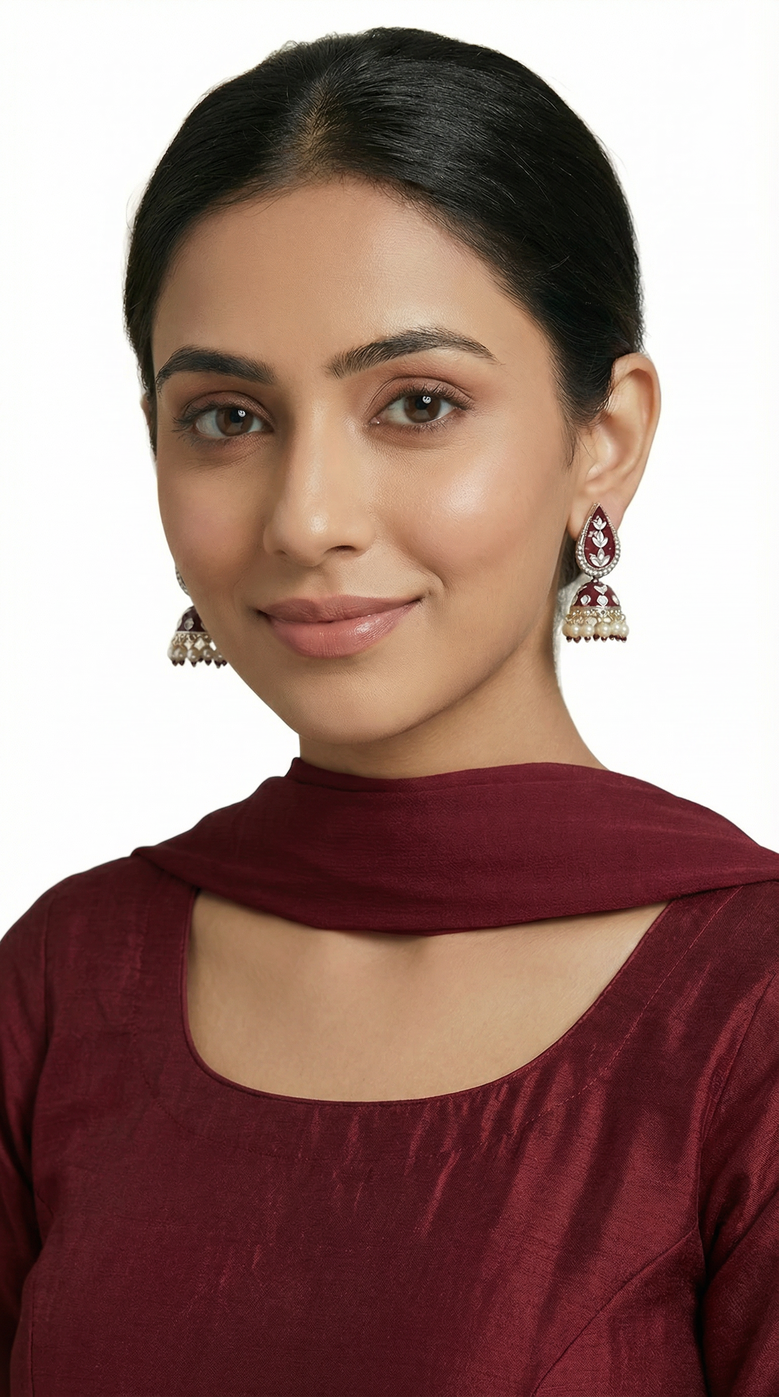 Traditional Maroon Enamel Jumki Earrings