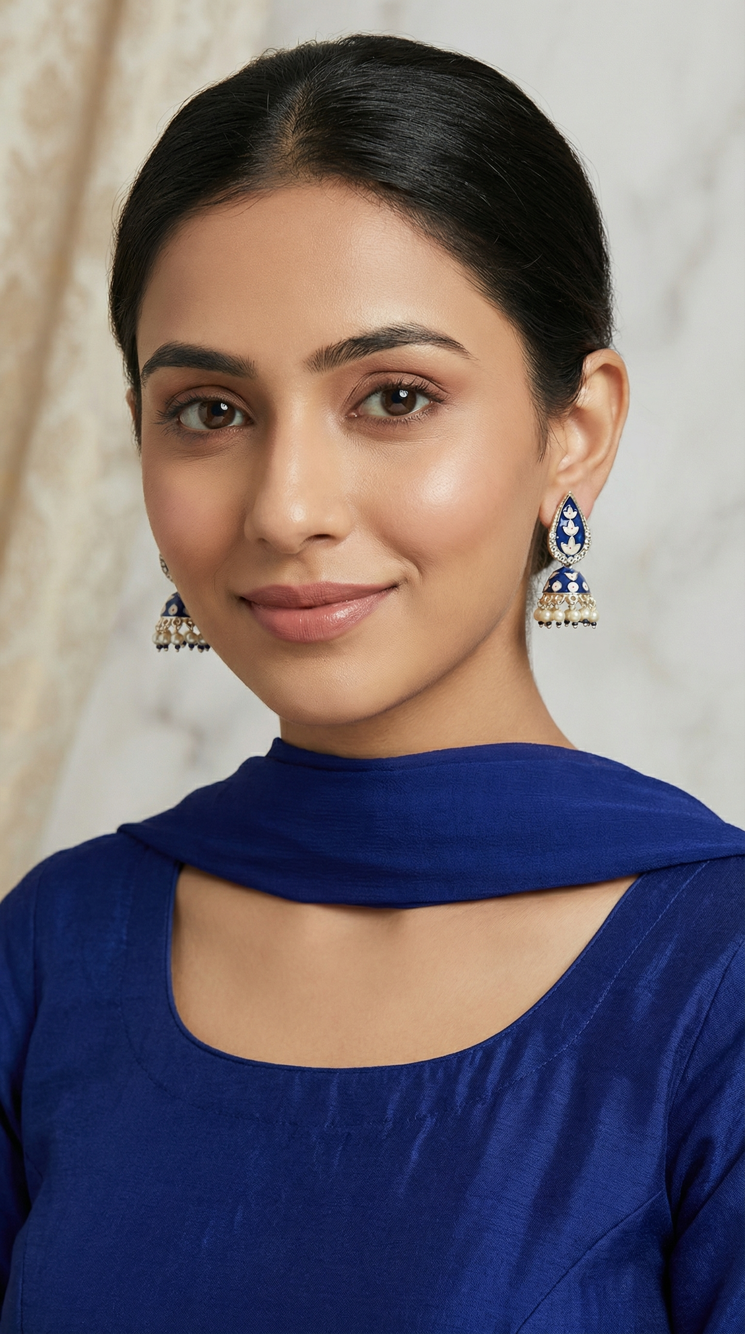Traditional Navy Blue Enamel Jumki Earrings