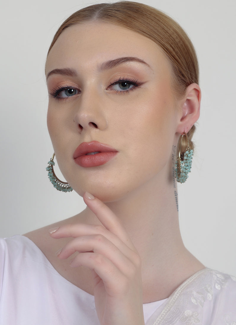 Antique Gold Bali Hoop Earrings with Light Aqua Beads