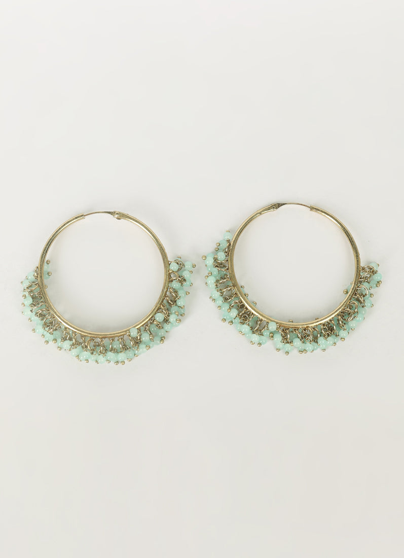 Antique Gold Bali Hoop Earrings with Light Aqua Beads
