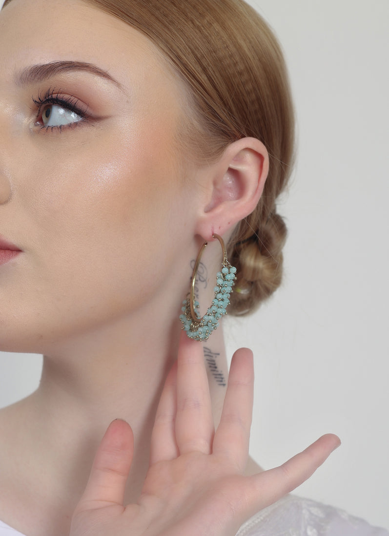 Antique Gold Bali Hoop Earrings with Light Aqua Beads